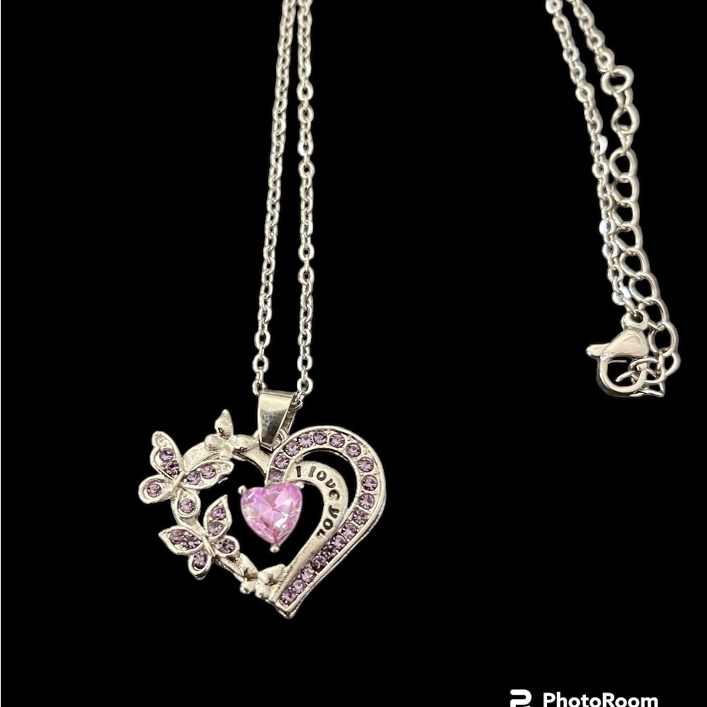 I love you Necklace. Heart pendant, purple rhinestones
